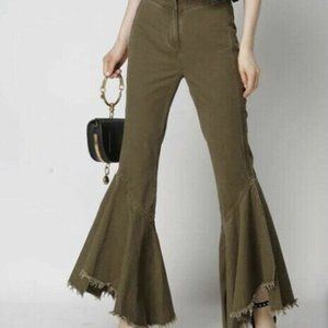 Caara Olive Green Duncan Pants Women Raw Asymmetrical Slit Hem sz 26